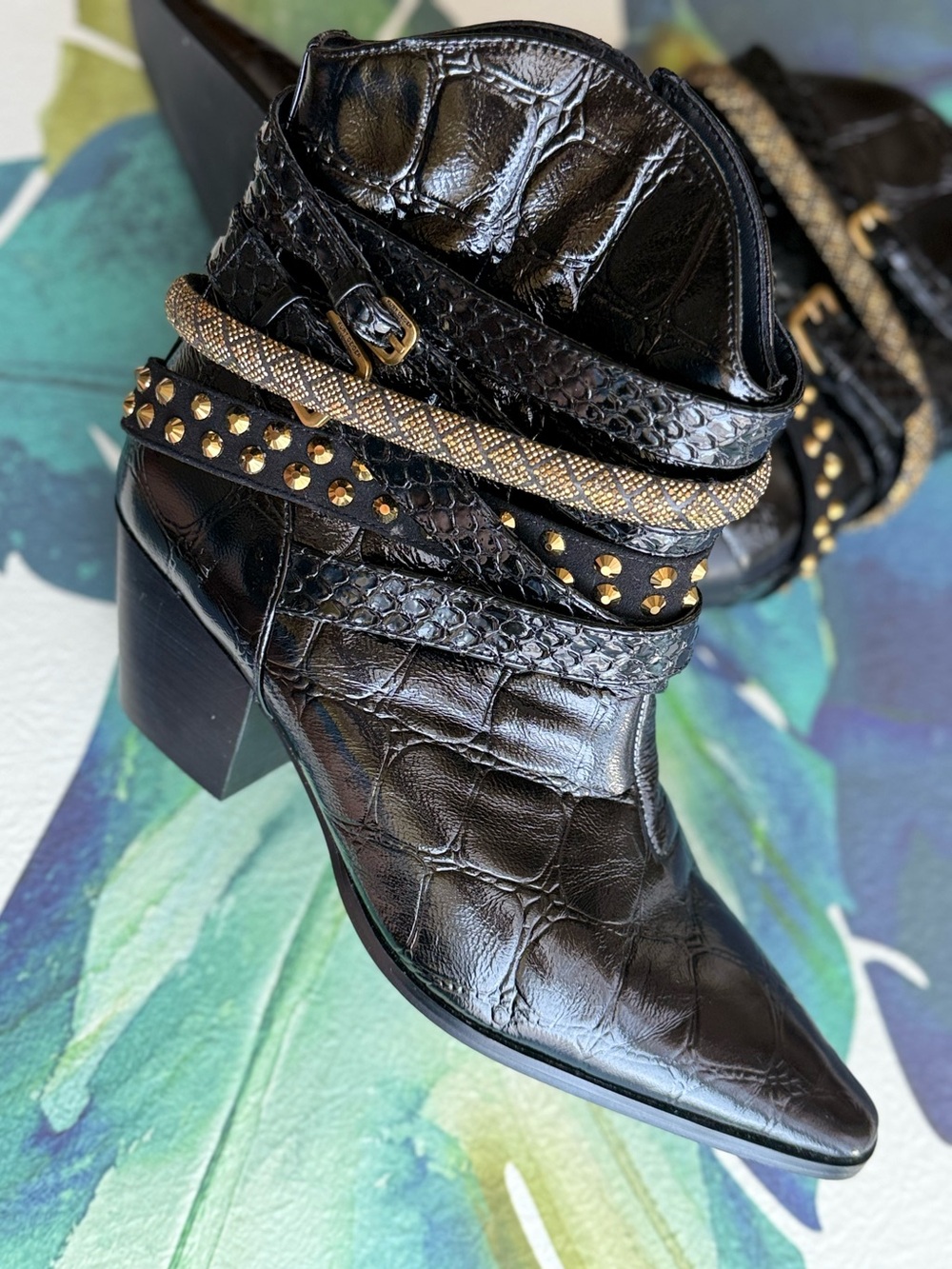 KURT GEIGER BLACK Croc-Embossed Pointed Ankle Booties gold accents western shoes - Picture 10 of 14